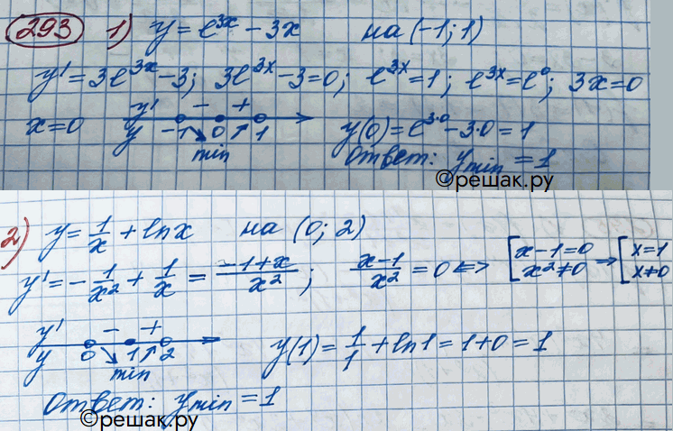 Изображение 293. Найти наименьшее значение функции:1) е3х-3х на интервале (-1; 1);2) 1/x + lnх на интервале (0; 2)....