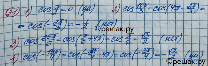 Изображение 31. Выяснить, принадлежит ли графику функции у = cosx точка с координатами:1) (пи/2; 0);2) (10пи/3; 1/2);3) (25пи/6;- корень 3/2);4) (-19пи/4; - корень 2/2)....