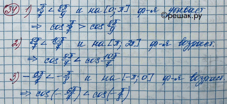 Изображение 34. С помощью свойства возрастания или убывания функции у = cosx сравнить числа:1) cos пи/7 и cos 8пи/9;2) cos 8пи/7 и cos 10пи/7;3) cos (-6пи/7) и cos...