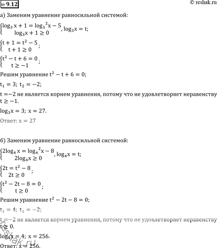 Изображение 9.12 а) корень (log3(x)+1) = корень (log^2 3(x) - 5); б) корень (2log4(x)) = корень (log^2 4(x) - 8); в) корень (1-4log1/2(x)) = корень (6-log^2 1/2(x)); г) корень...